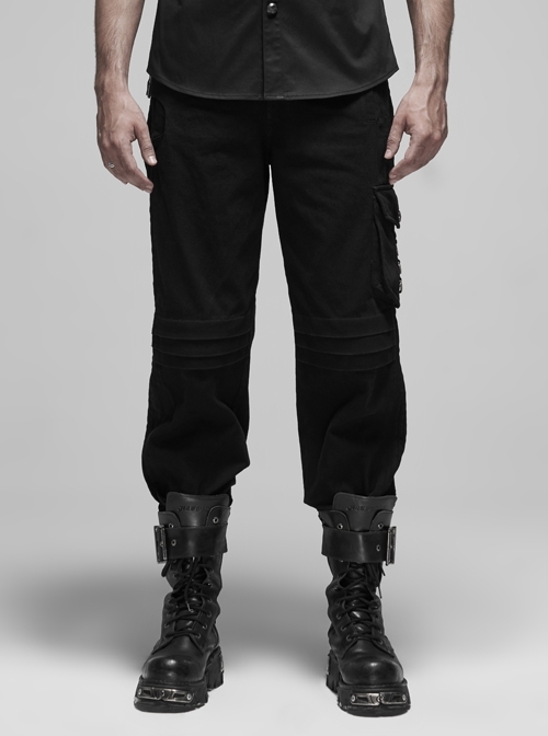 Left Sided-Buckle Pocket Right Side Fake Two Pieces Hollow-Carved Bottom Zipper Black Punk Trousers
