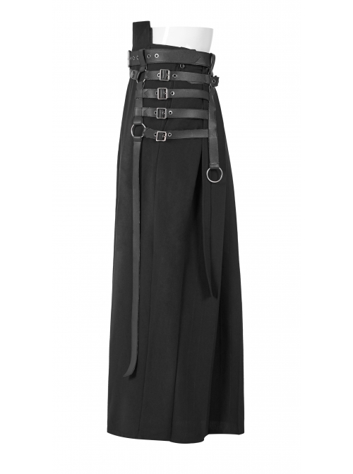 A-Shaped Pleated Belt Side Metal Adjusting Buttons Leather Loops Black Punk Japanese Warrior Pants
