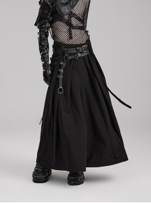 A-Shaped Pleated Belt Side Metal Adjusting Buttons Leather Loops Black Punk Japanese Warrior Pants