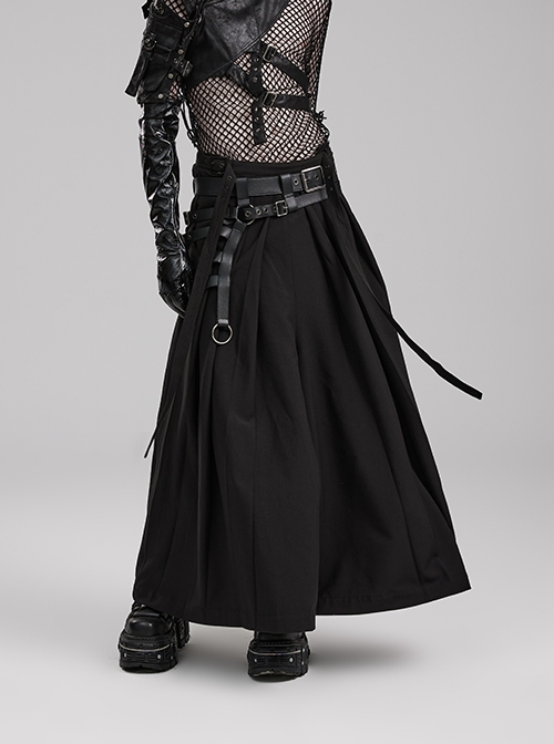 A-Shaped Pleated Belt Side Metal Adjusting Buttons Leather Loops Black Punk Japanese Warrior Pants