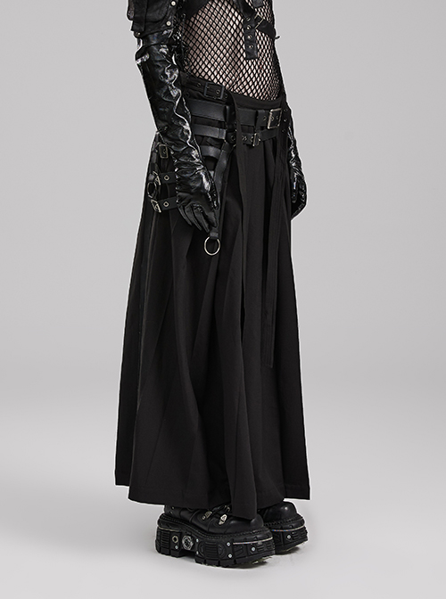 A-Shaped Pleated Belt Side Metal Adjusting Buttons Leather Loops Black Punk Japanese Warrior Pants