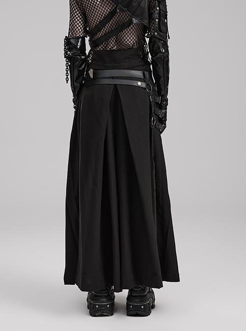A-Shaped Pleated Belt Side Metal Adjusting Buttons Leather Loops Black Punk Japanese Warrior Pants