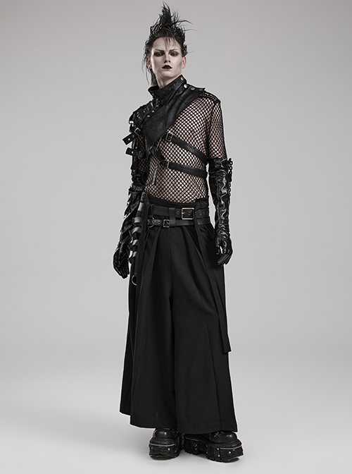 A-Shaped Pleated Belt Side Metal Adjusting Buttons Leather Loops Black Punk Japanese Warrior Pants