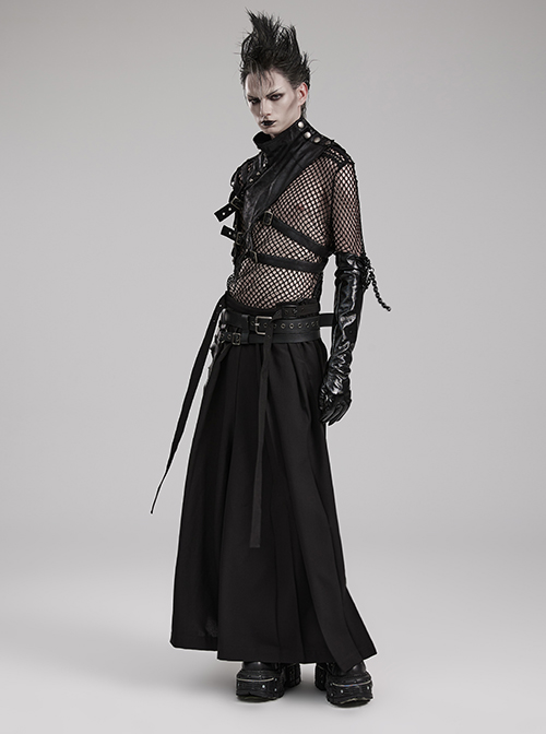 A-Shaped Pleated Belt Side Metal Adjusting Buttons Leather Loops Black Punk Japanese Warrior Pants