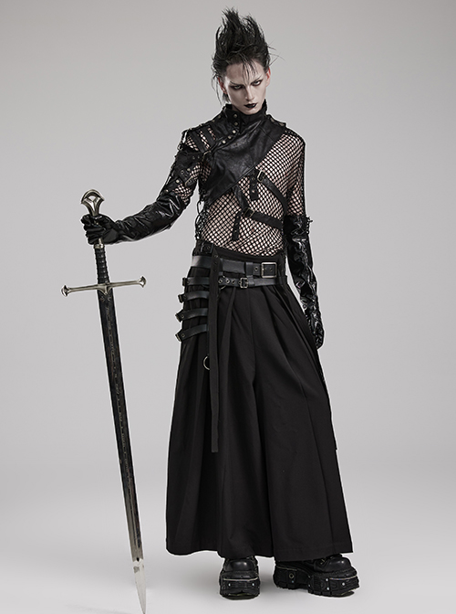 A-Shaped Pleated Belt Side Metal Adjusting Buttons Leather Loops Black Punk Japanese Warrior Pants