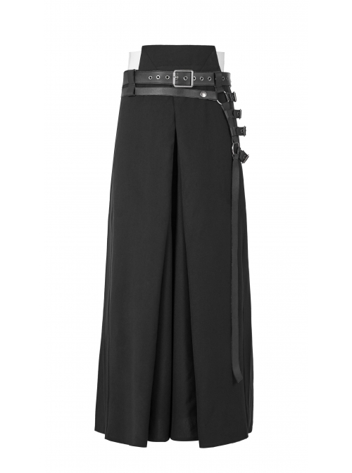 A-Shaped Pleated Belt Side Metal Adjusting Buttons Leather Loops Black Punk Japanese Warrior Pants