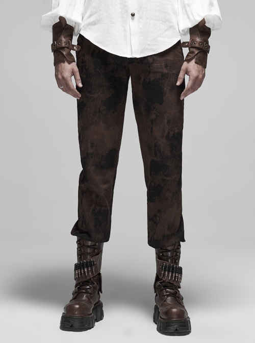 Waist Head Metal Adjusting Button Back Waist Lace-Up Brown Punk Mottled Stripes Pants