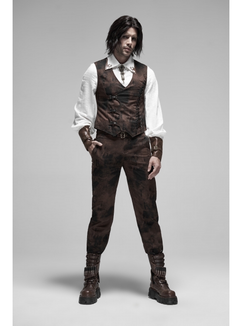Waist Head Metal Adjusting Button Back Waist Lace-Up Brown Punk Mottled Stripes Pants