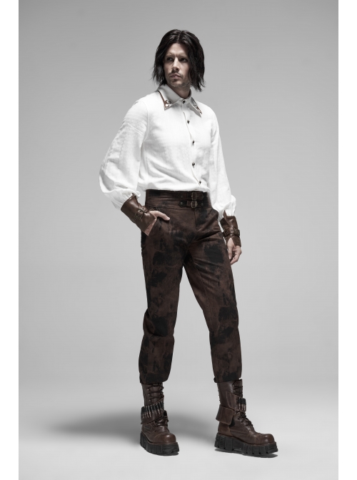 Waist Head Metal Adjusting Button Back Waist Lace-Up Brown Punk Mottled Stripes Pants
