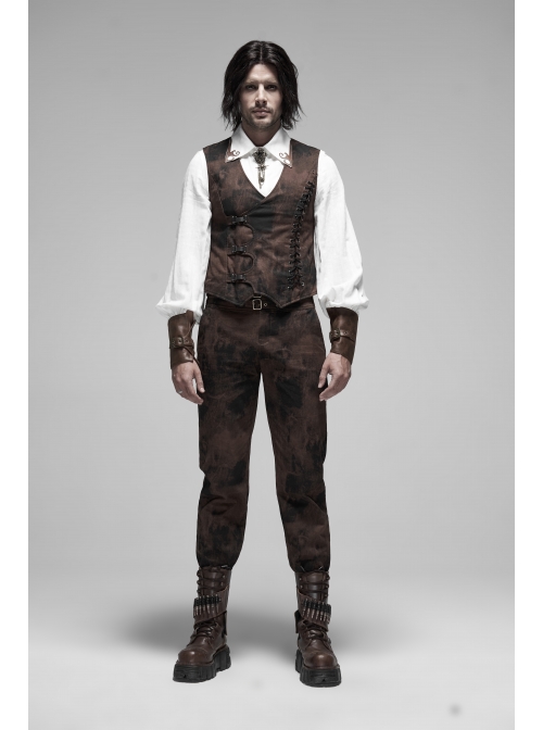 Waist Head Metal Adjusting Button Back Waist Lace-Up Brown Punk Mottled Stripes Pants