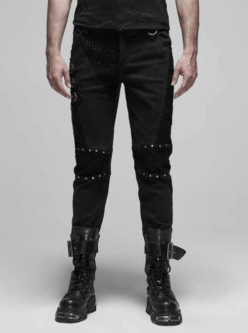 Coarse Twill Metal Rivet Hasp Knee Splice Mesh Black Punk Trousers