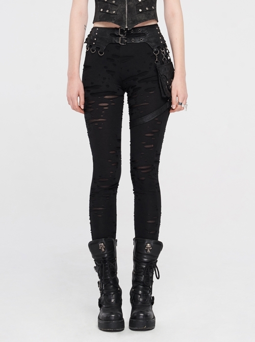 Broken Holes Splice Mesh Waist Bag Leather Hasp Back Waist Lace-Up Black Punk Leggings