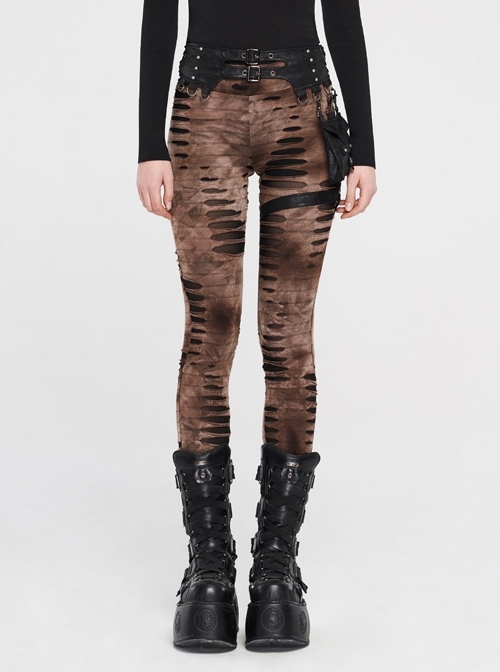Broken Holes Splice Mesh Waist Bag Leather Hasp Back Waist Lace-Up Brown Punk Leggings