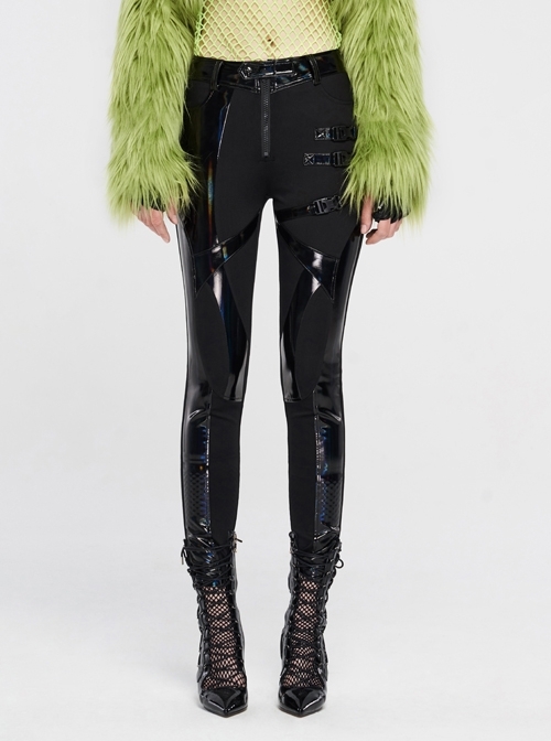 Black Knit Splice Dazzling Bright Light Imitation PU Leather Leg Hasp Punk Trousers