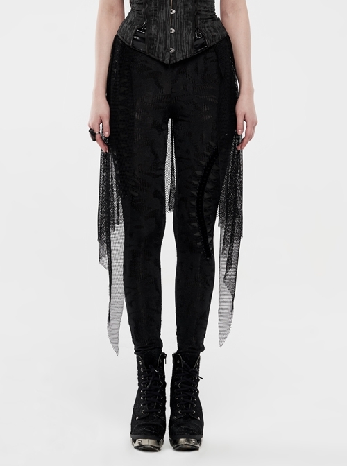 Broken Holes Backside Splice Mesh Lace-Up Lace Hem Black Punk Leggings