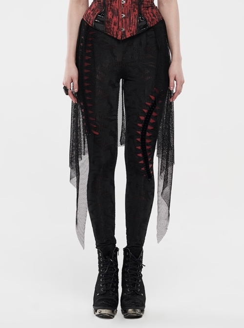 Broken Holes Backside Splice Red Mesh Lace-Up Lace Hem Black Punk Leggings