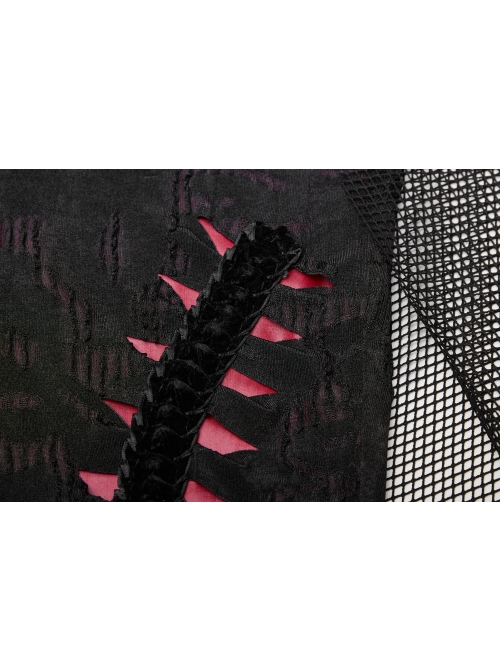 Broken Holes Backside Splice Red Mesh Lace-Up Lace Hem Black Punk Leggings