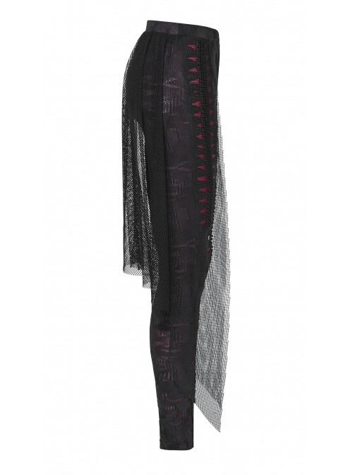 Broken Holes Backside Splice Red Mesh Lace-Up Lace Hem Black Punk Leggings
