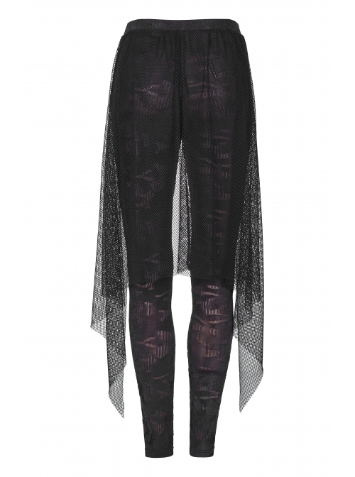 Broken Holes Backside Splice Red Mesh Lace-Up Lace Hem Black Punk Leggings