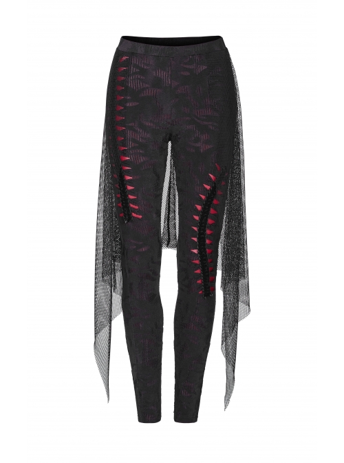 Broken Holes Backside Splice Red Mesh Lace-Up Lace Hem Black Punk Leggings
