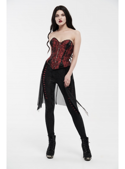 Broken Holes Backside Splice Red Mesh Lace-Up Lace Hem Black Punk Leggings