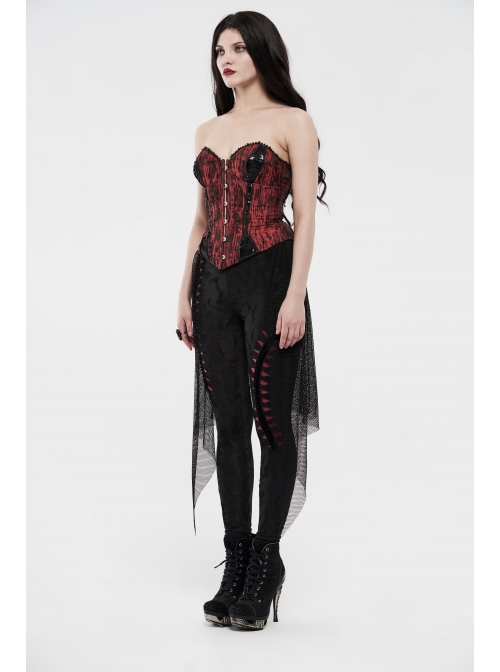 Broken Holes Backside Splice Red Mesh Lace-Up Lace Hem Black Punk Leggings