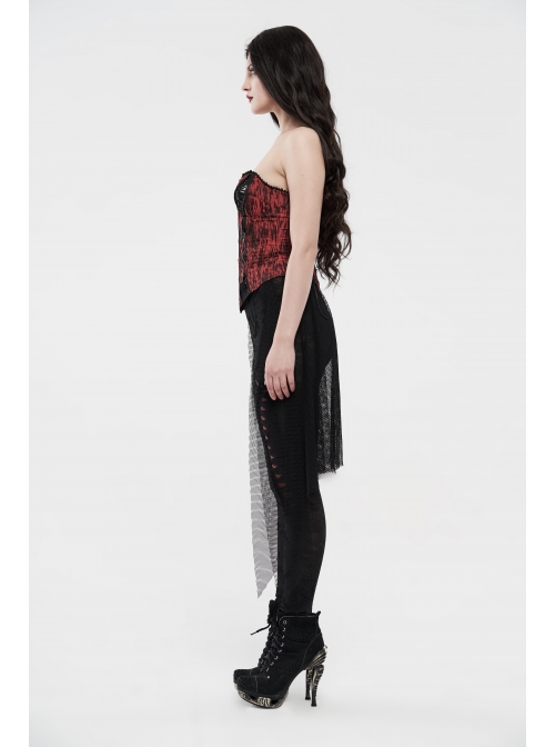 Broken Holes Backside Splice Red Mesh Lace-Up Lace Hem Black Punk Leggings