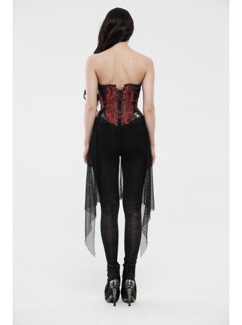 Broken Holes Backside Splice Red Mesh Lace-Up Lace Hem Black Punk Leggings