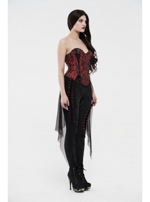 Broken Holes Backside Splice Red Mesh Lace-Up Lace Hem Black Punk Leggings