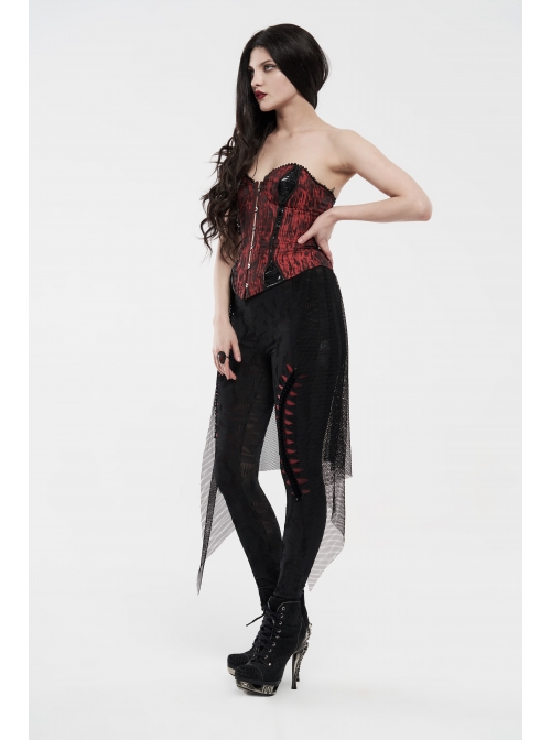 Broken Holes Backside Splice Red Mesh Lace-Up Lace Hem Black Punk Leggings