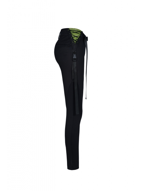 Waist Side Collision Fluorescent Yellow-Green Splice Mesh Lace-Up Hasp Black Punk Leggings