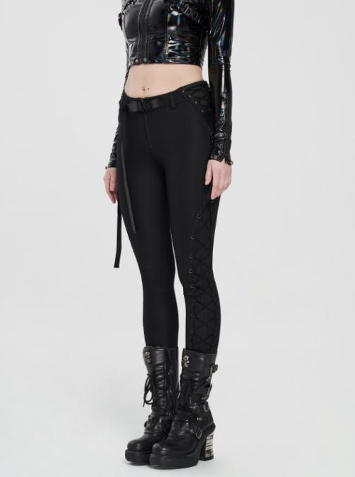 Waist Side Collision Fluorescent Yellow-Green Splice Mesh Lace-Up Hasp Black Punk Leggings