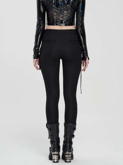 Waist Side Collision Fluorescent Yellow-Green Splice Mesh Lace-Up Hasp Black Punk Leggings