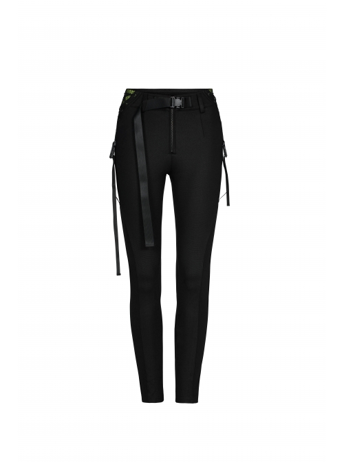 Waist Side Collision Fluorescent Yellow-Green Splice Mesh Lace-Up Hasp Black Punk Leggings