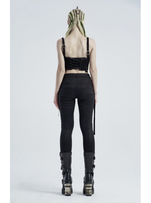 Waist Side Collision Fluorescent Yellow-Green Splice Mesh Lace-Up Hasp Black Punk Leggings