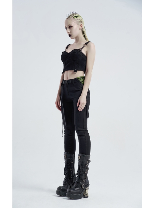 Waist Side Collision Fluorescent Yellow-Green Splice Mesh Lace-Up Hasp Black Punk Leggings