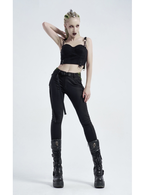 Waist Side Collision Fluorescent Yellow-Green Splice Mesh Lace-Up Hasp Black Punk Leggings