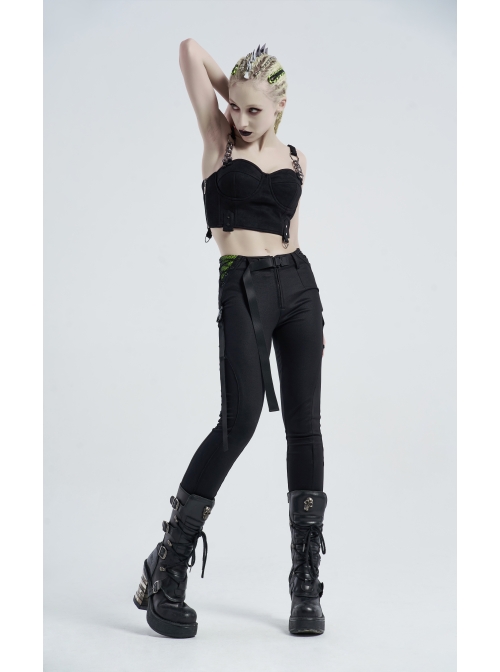 Waist Side Collision Fluorescent Yellow-Green Splice Mesh Lace-Up Hasp Black Punk Leggings