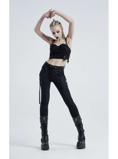 Waist Side Collision Fluorescent Yellow-Green Splice Mesh Lace-Up Hasp Black Punk Leggings