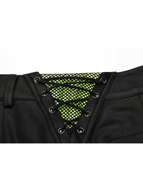 Waist Side Collision Fluorescent Yellow-Green Splice Mesh Lace-Up Hasp Black Punk Leggings