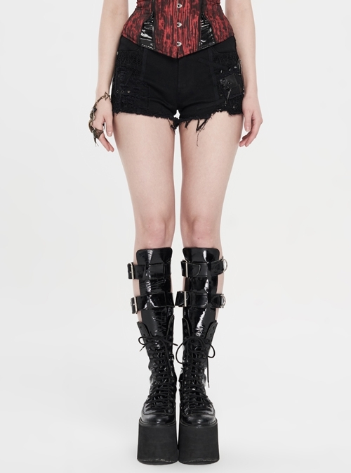 Twill Splice Mesh Lace-Up Pants Mouth Hair Edge Black Punk Shorts
