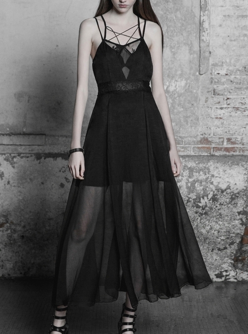 Gothic Female Black Lace Strap Stitching Chiffon Dress