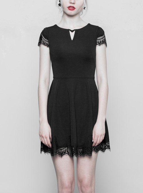 Gothic Female Black V-neck Lace Hem Hollow Stitching Dress