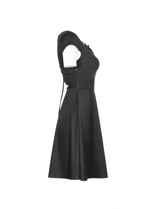 Steam Punk Female Black Hollow Lace Hem Pleated Dress
