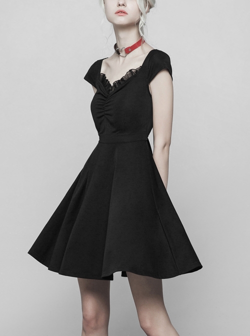 Steam Punk Female Black Hollow Lace Hem Pleated Dress