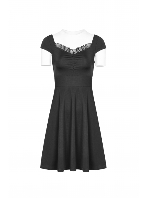 Steam Punk Female Black Hollow Lace Hem Pleated Dress