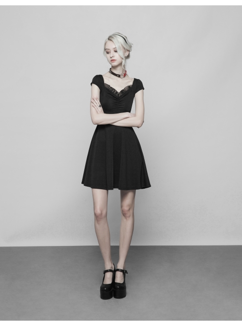 Steam Punk Female Black Hollow Lace Hem Pleated Dress