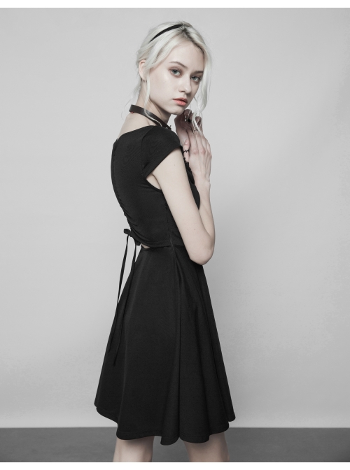 Steam Punk Female Black Hollow Lace Hem Pleated Dress