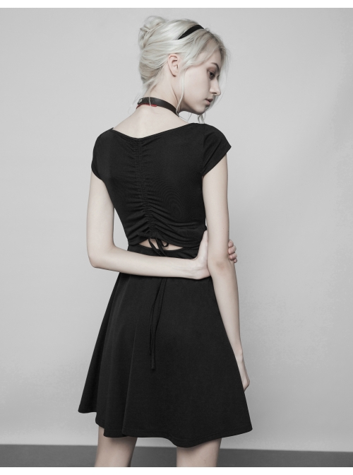 Steam Punk Female Black Hollow Lace Hem Pleated Dress