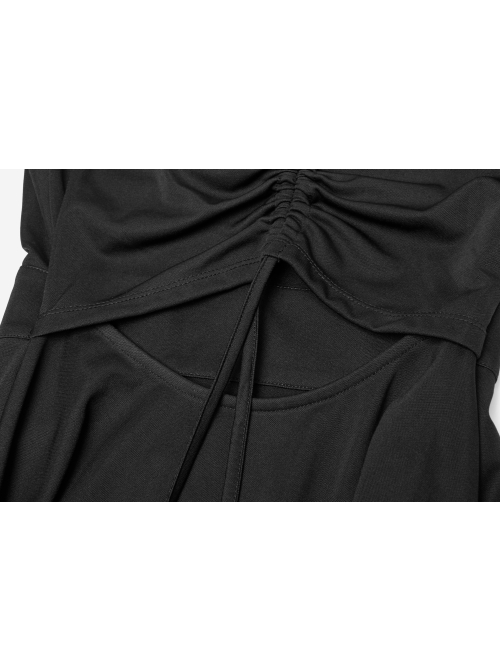 Steam Punk Female Black Hollow Lace Hem Pleated Dress